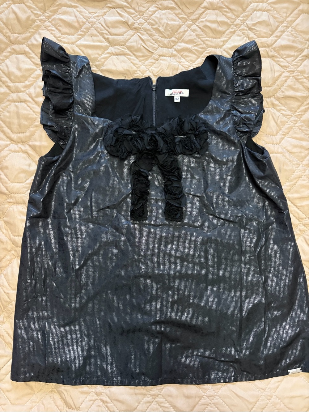 Junior Gaultier Black Ruffle Sleeve Camisole with Floral Applique